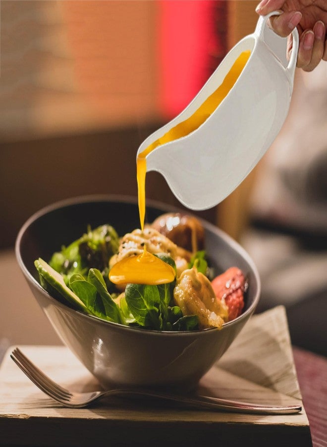 Cheardia 14 oz Gravy Boat with Tray, White Ceramic Sauce Boat with Ergonomic Handle and Big Dripless Lip Spout for Salad Dressings, Creamer, Broth, Black Pepper - Image 4